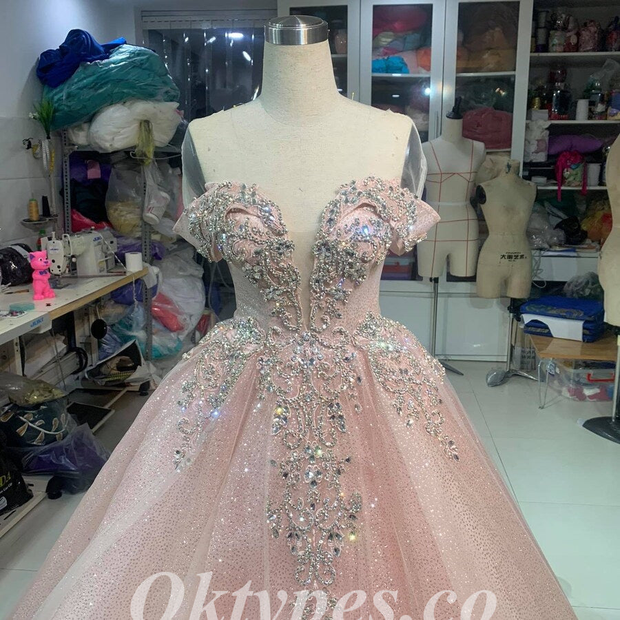 Elegant Tulle Off Shoulder V-Neck Sleeveless A-Line Long Prom Dresses/Ball Gown With Beading,PDS0696