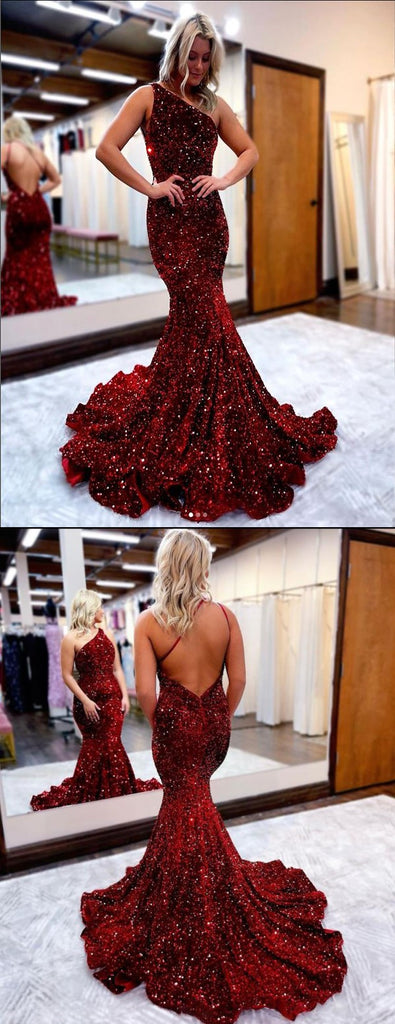 Red Sequin One Shoulder Backless Mermaid Evening Prom Dress, PDS0303