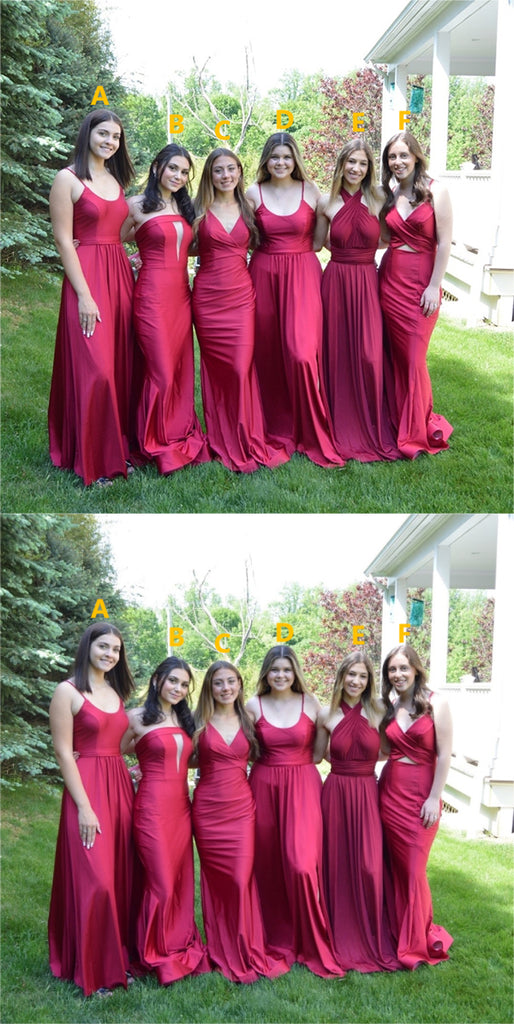 Mismatched Beautiful Red Satin A-Line Floor Length Bridesmaid Dresses, BDS0195