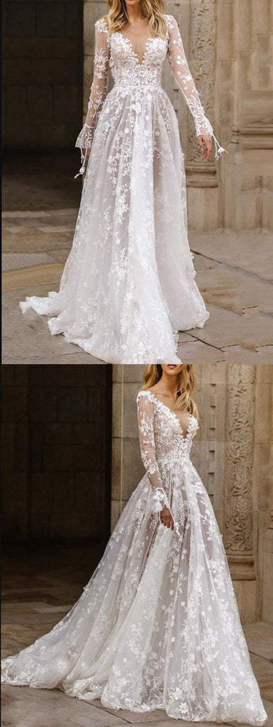 Beautiful Lace V-neck long sleeves Backless Elegant Wedding Dresses, WDS0112