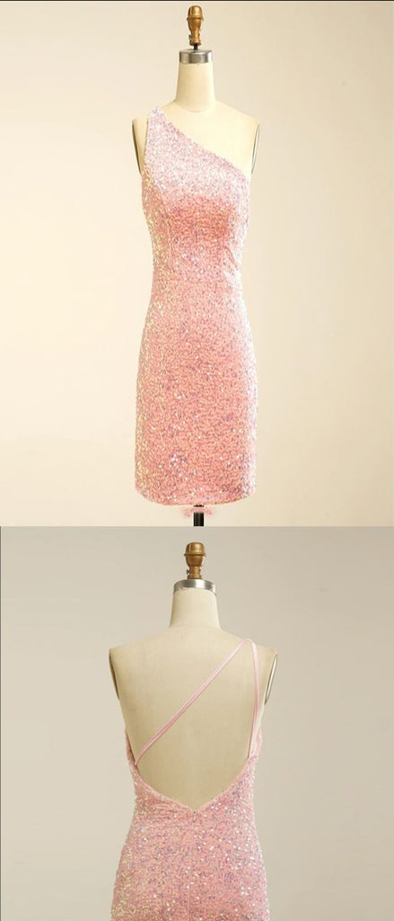 Charming Pink Sequin One Shoulder Backless Short Homecoming Dresses, HDS0073