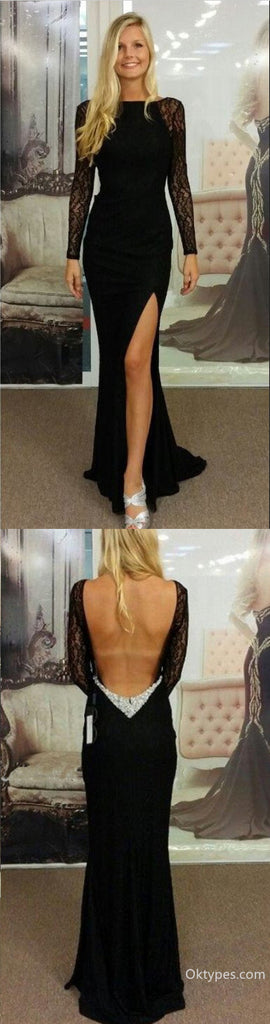 Black Jersey Lce Backless Long Sleeve Prom Dress, Evening Gown With Side Slit,PDS0317