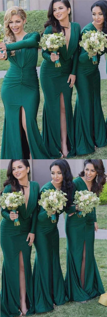 Unique Long Sleeves Sexy V Neck Mermaid Teal Green Cheap Long Bridesmaid Dresses, BDS0192