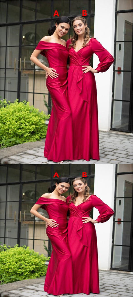 Mismatched Red Soft Satin A-Line Floor Length Mermaid Bridesmaid Dresses, BDS0201