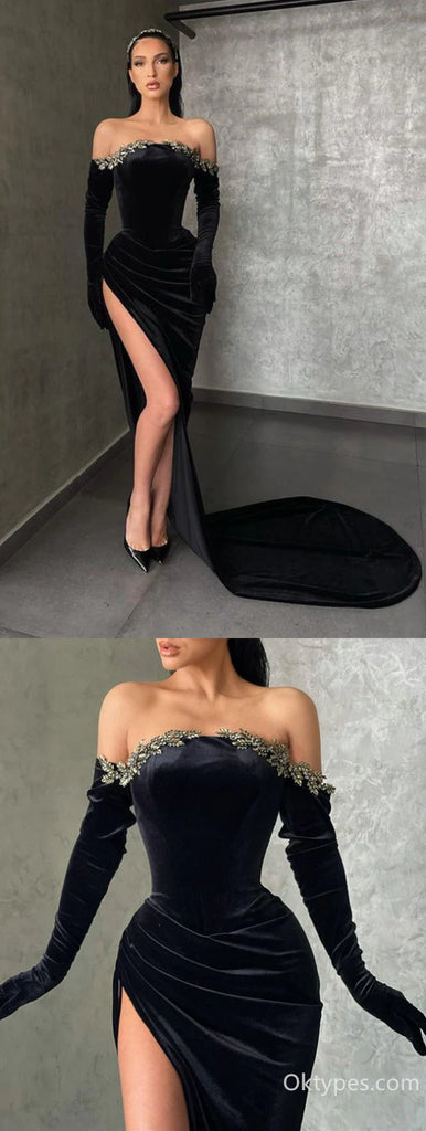 Black High-split Velvet Off-the-shoulder Mermaid Prom Dress With Emblishment,PDS0318