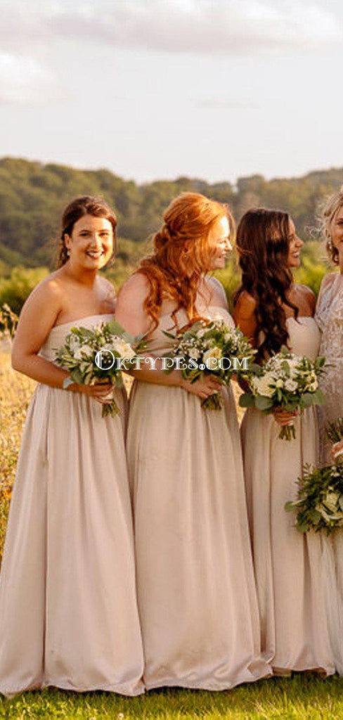 Simple Strapless Ivory Elastic Silk A-line Long Cheap Bridesmaid Dresses, BDS0064