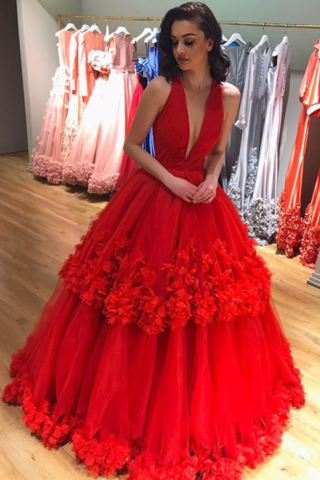 Red Charming Deep V-neck Ball Gown Tulle Long Cheap Prom Dresses, TYP1436