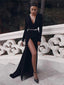 Black Sexy Satin V-Neck Long Sleeves Side Slit Prom Dresses, PDS0298