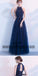 Dark Blue Tulle High Neck Long Prom Dress With Beading, Tulle Prom Dresses, TYP0373