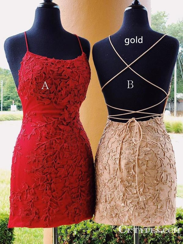 Red Halter Spaghetti Strap Cross- Back Lace Short Homecoming Dresses, TYP2014