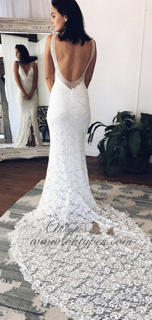 Tight  V-Neck Court Train Backless Lace Long Wedding Dresses with Split, TYP1541