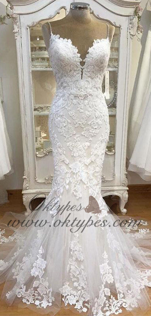 Spaghetti Strap Lace Mermaid Tulle Applique Ivory Wedding Dresses, TYP1481