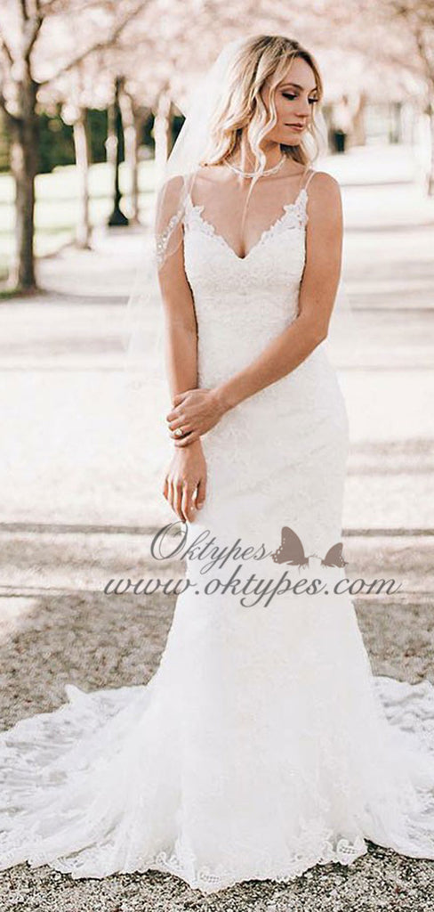 Mermaid V-Neck Sweep Train Sleeveless White Lace Wedding Dresses, TYP1544