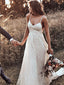 Open Back Straps Long Train A-line Lace Simple Bridal Gown Wedding Dresses, TYP1375