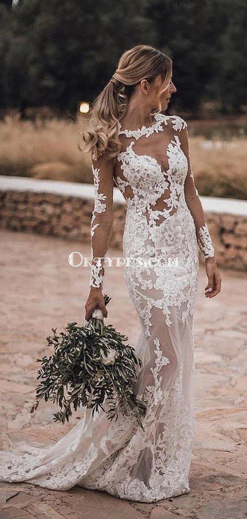 Popular Bateau Long Sleeves Lace Mermaid Long Cheap Wedding Dresses, WDS0041