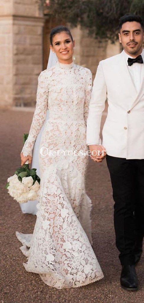 Long Sleeves High Neck Lace Mermaid Long Cheap Wedding Dresses, WDS0067