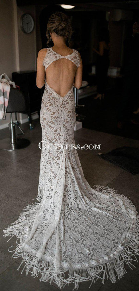 Newest Bateau Backless Lace Mermaid Charming Long Cheap Wedding Dresses, WDS0038