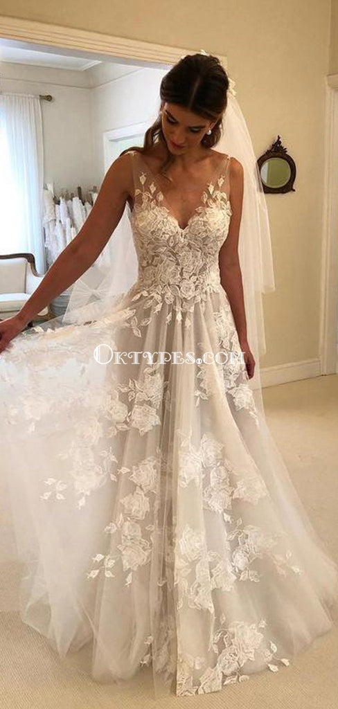 Lace Applique Ivory Beach Wedding Dresses V Neck Backless Wedding Dresses, TYP1244