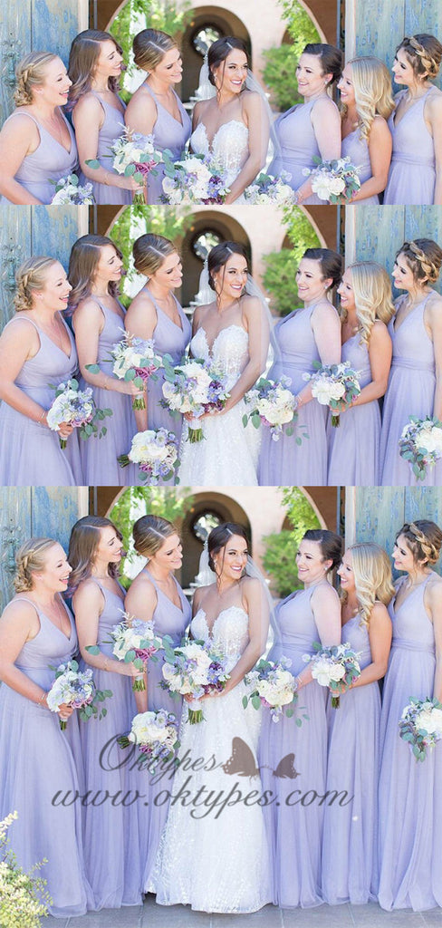 Charming A-Line V-Neck Long Lavender Tulle Bridesmaid Dresses, TYP1479