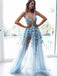 A Line Straps Backless Light Blue Prom Dresses Jumpsuit With Appliques, TYP1822