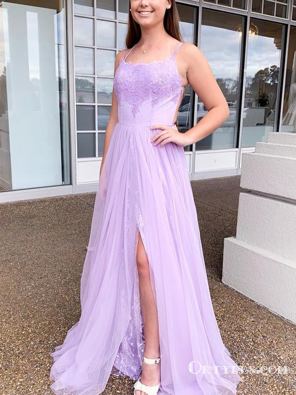 Charming Spaghetti Straps Tulle Long Lilac Long Cheap Prom Dresses, TYP1897