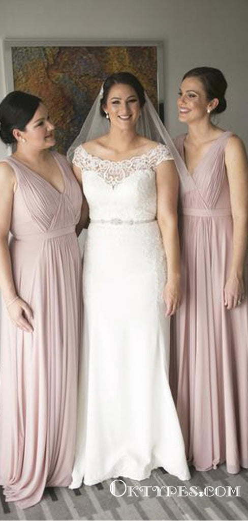 Newest V-neck A-line Pink Chiffon Long Cheap Bridesmaid Dresses, TYP1853