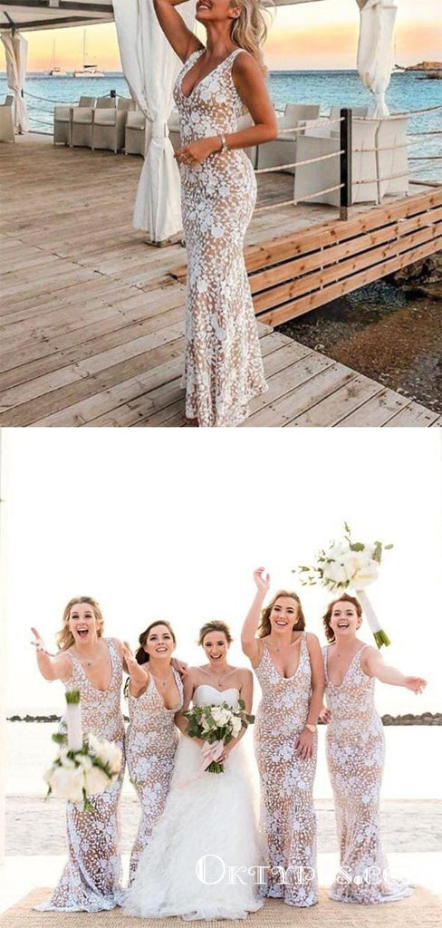 Elegant Mermaid V-neck Long Cheap Ivory Lace Bridesmaid Dresses, TYP1831