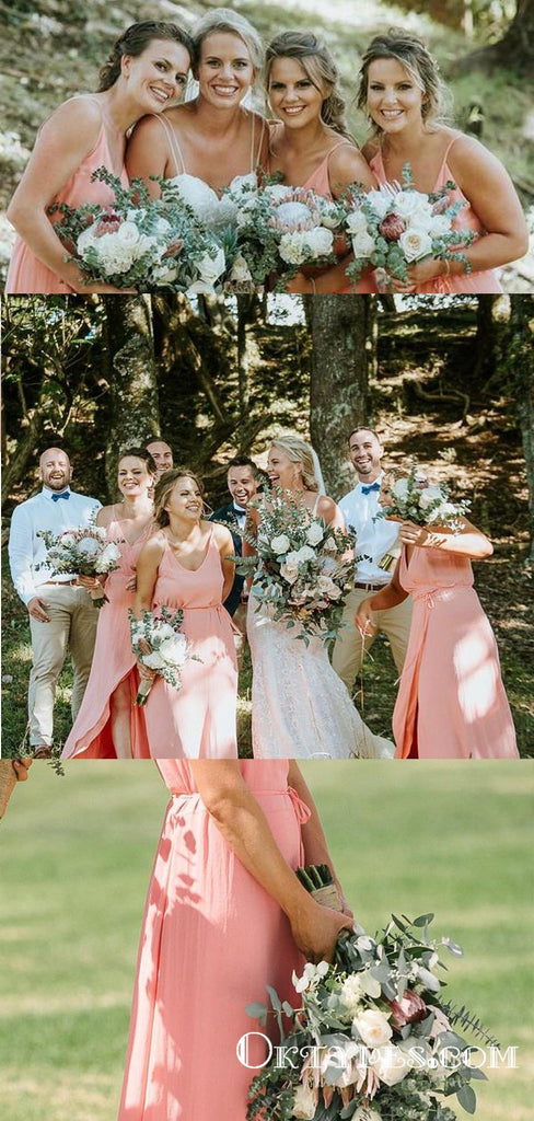 Coral Chiffon Long Cheap Bridesmaid Dresses With Side Slit, TYP1754