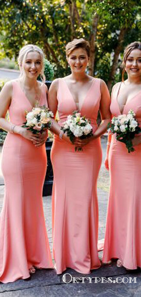 Simple V-neck Peach Mermaid Long Cheap Bridesmaid Dresses, TYP1852