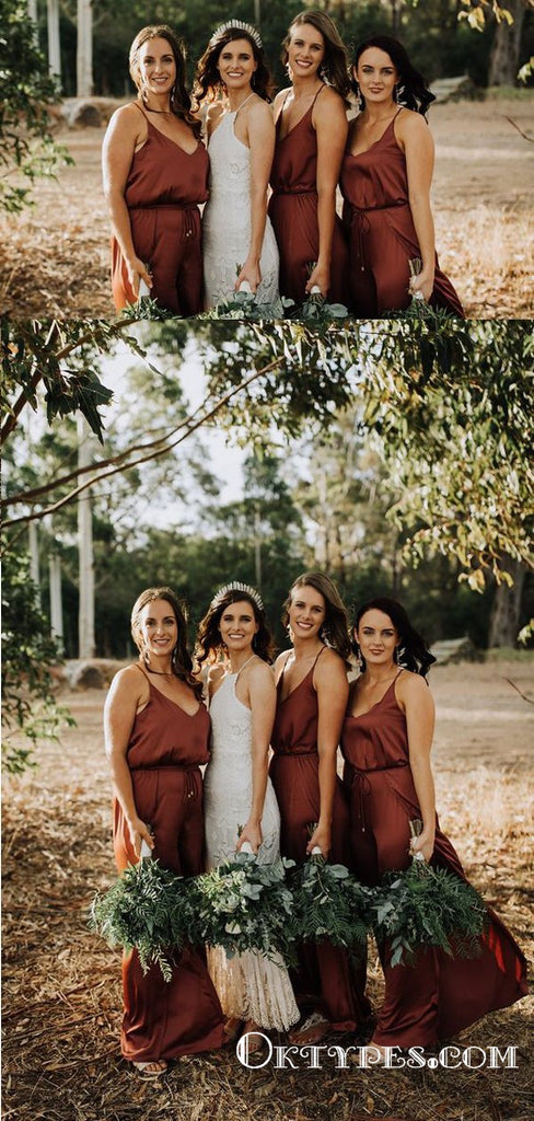 Simple Sheath V Neck Brown Elastic Satin Long Bridesmaid Dresses, TYP1755