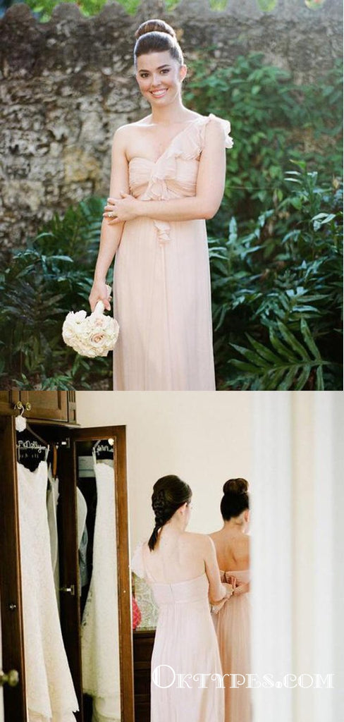 One Shoulder Sleeveless Backless A Line Chiffon Long Bridesmaid Dresses, TYP1808