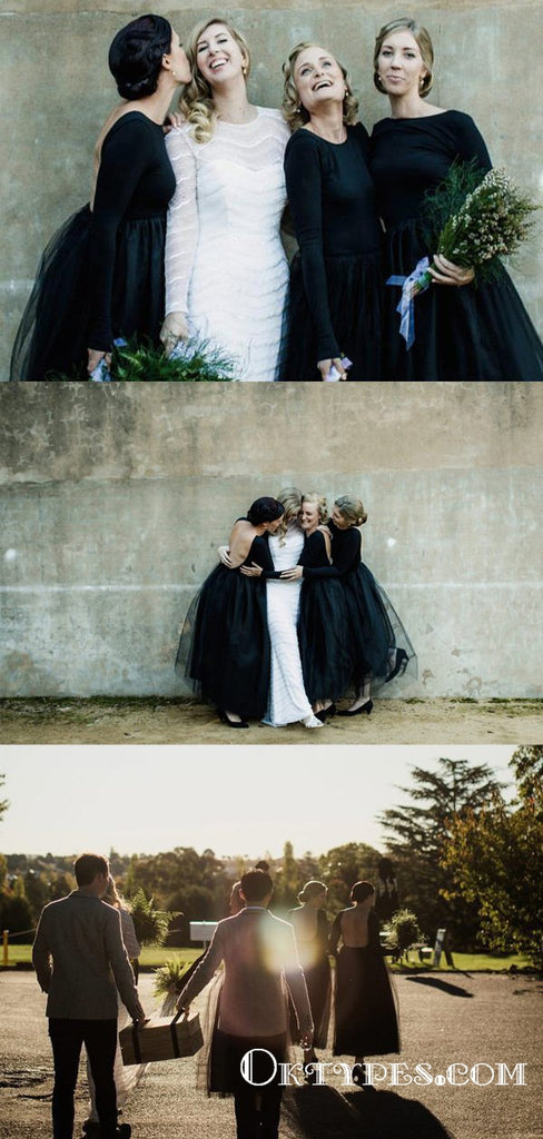 Long Sleeves Black Jersey Top Tulle Skirt Bridesmaid Dresses, TYP1857