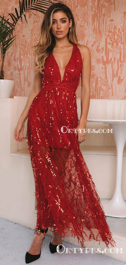 Sexy V-neck Sleeveless Red Tulle Charming A-line Long Cheap Eveving Prom Dresses With Sequin, PDS0001