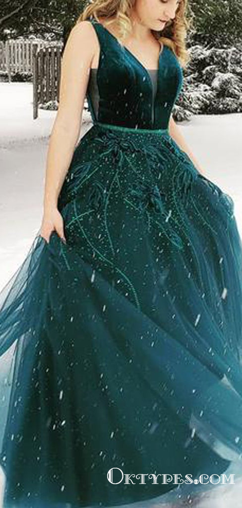 Charming Princess V Neck Dark Green Long Prom Dresses With Applique, TYP1720