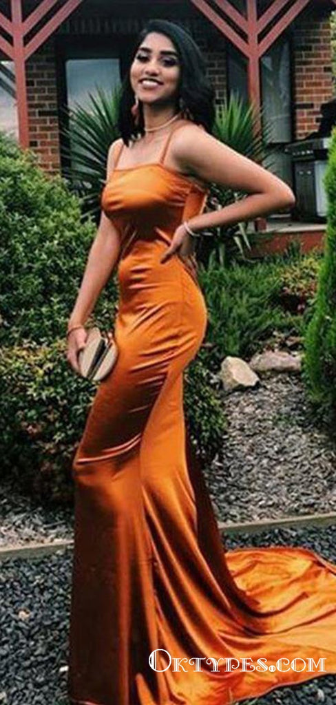 Modern Orange Long Spaghetti Straps Mermaid Evening Gowns Prom Dresses, TYP1903