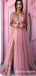 V Neck Pink Long Evening Party Dresses Split Prom Dresses With Beading, TYP1706