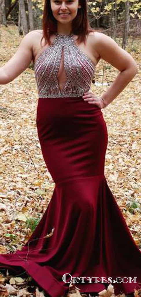 Halter Wine Red Long Beaded Prom Evening Dress with Open Back, TYP1719