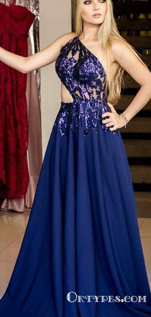 One Shoulder Evening Gowns Navy Blue Long Prom Dresses With Appliques, TYP1708