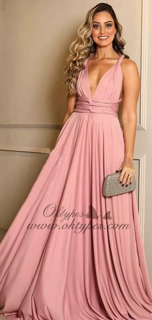 Charming Simple V-neck Pink Long Cheap Ruched Prom Dresses, TYP1597