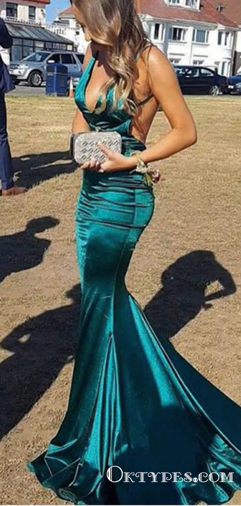 Sexy Simple Long Mermaid V Neck Green Backless Prom Dresses, TYP1768