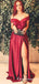 Simple Burgundy Off the Shoulder Slit-side  Long Cheap Prom Dresses, TYP1793