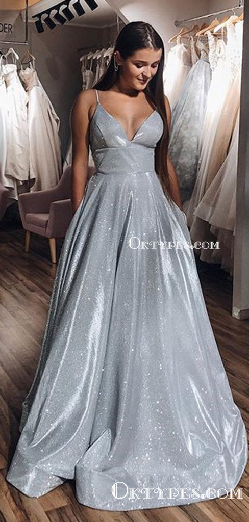 A-line V-neck Spaghetti Straps Long Sparkle Silver Sequin Long Cheap Prom Dresses with Pockets, PDS0034