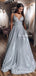 A-line V-neck Spaghetti Straps Long Sparkle Silver Sequin Long Cheap Prom Dresses with Pockets, PDS0034