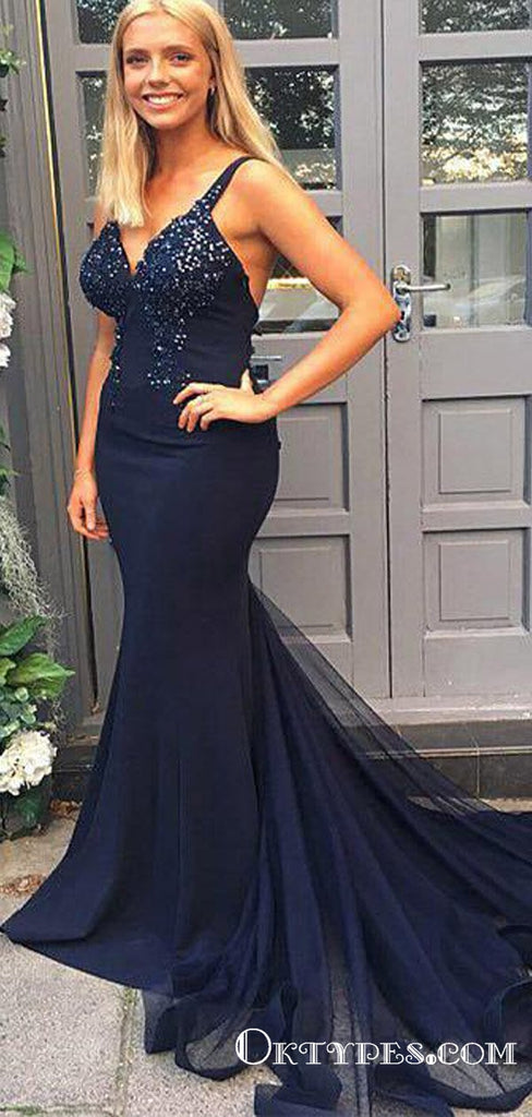 Navy Blue Spaghetti Straps Mermaid Beading Long Prom Dresses, TYP1792