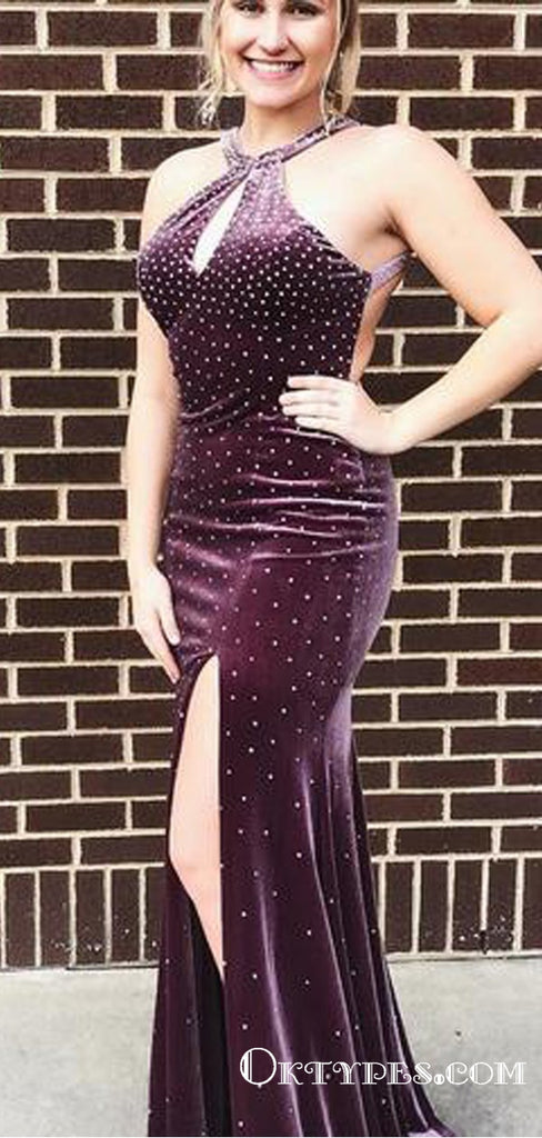 Sexy Mermaid Long Cheap Velvet Evening Prom Dresses With Beaded, TYP1717