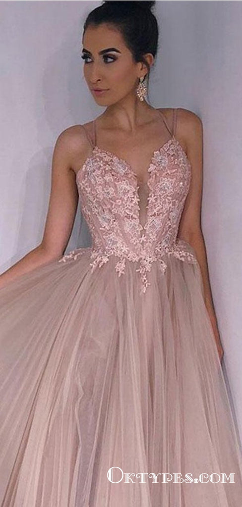 A Line Criss Cross Straps Back Pink Long Prom Dresses With Appliques, TYP1741