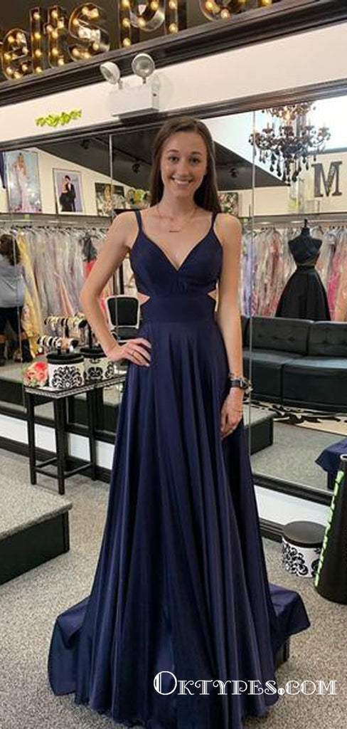 Simple A-Line Navy Blue Long Prom Dresses with Open Back, TYP1722