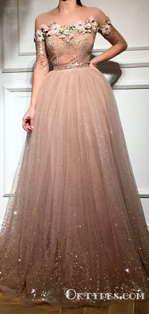 Exquisite Illusion Neck Long Sleeves Blush Prom Dresses with Beaded Flowers, TYP1669