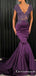 Mermaid V-Neck Cap Sleeves Purple Long Prom Dresses with Lace, TYP1639