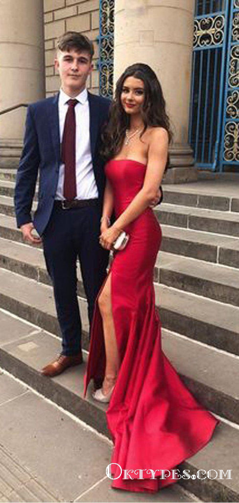 Simple Red Long Cheap Mermaid Strapless Prom Dresses Online, TYP1842